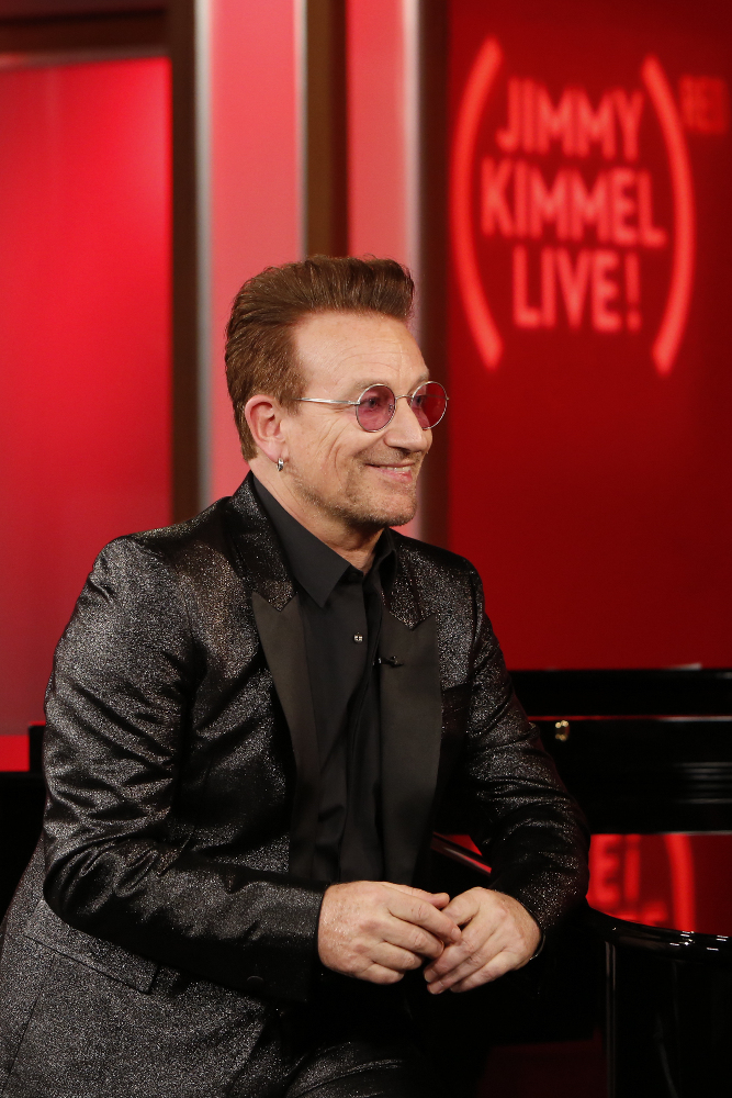 JIMMY KIMMEL LIVE - On TUESDAY, NOVEMBER 22, ABC's "Jimmy Kimmel Live" is once again joining forces with Bono and (RED) for a special episode of the late-night program in an effort to raise awareness and money to help the fight against AIDS. Jimmy and Bono will be joined by Julia Roberts, Channing Tatum, Kristen Bell, DJ Khaled, Neil Patrick Harris, Halsey, The Killers and more. (ABC/Randy Holmes) BONO