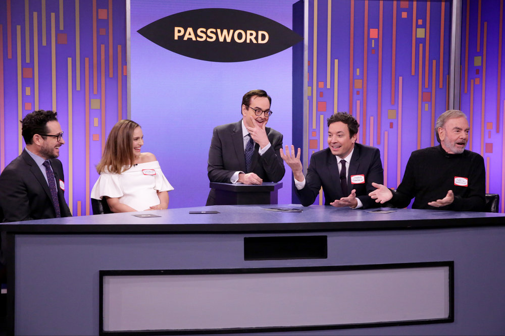 THE TONIGHT SHOW STARRING JIMMY FALLON -- Episode 0580 -- Pictured: (l-r) Director J.J. Abrams, actress Natalie Portman, announcer Steve Higgins, host Jimmy Fallon, and musician Neil Diamond play "Password" on November 29, 2016 -- (Photo by: Andrew Lipovsky/NBC)