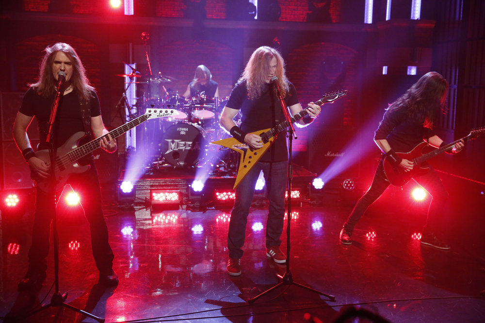 LATE NIGHT WITH SETH MEYERS -- Episode 463 -- Pictured: (l-r) David Ellefson, Dirk Verbeuren, Dave Mustaine, Kiko Loureiro of musical guest Megadeth on December 15, 2016 -- (Photo by: Lloyd Bishop/NBC)