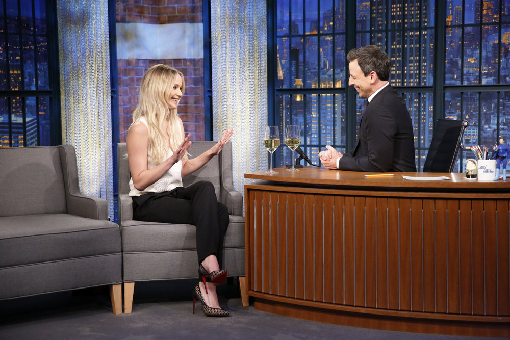 LATE NIGHT WITH SETH MEYERS -- "New Year's Eve Special" -- Pictured: (l-r) Actress Jennifer Lawrence is interviewed by host Seth Meyers during the "Late Night with Seth Meyers New Year's Eve Special", airing on December 31, 2016 -- (Photo by: Lloyd Bishop/NBC)