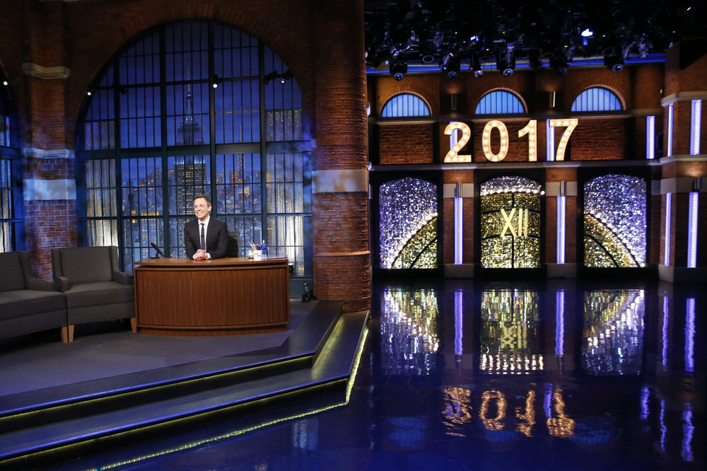 LATE NIGHT WITH SETH MEYERS -- "New Year's Eve Special" -- Pictured: Host Seth Meyers during the monologue of the "Late Night with Seth Meyers New Year's Eve Special", airing on December 31, 2016 -- (Photo by: Lloyd Bishop/NBC)