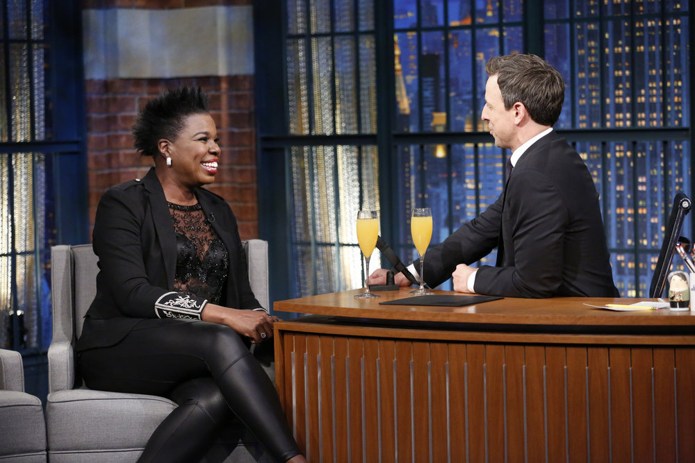 LATE NIGHT WITH SETH MEYERS -- "New Year's Eve Special" -- Pictured: (l-r) Actress Leslie Jones is interviewed by host Seth Meyers during the "Late Night with Seth Meyers New Year's Eve Special", airing on December 31, 2016 -- (Photo by: Lloyd Bishop/NBC)