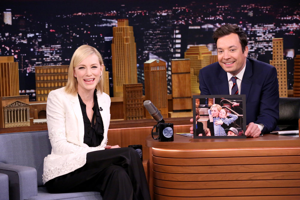 THE TONIGHT SHOW STARRING JIMMY FALLON -- Episode 0608 -- Pictured: (l-r) Actress Cate Blanchett during an interview with host Jimmy Fallon on January 23, 2017 -- (Photo by: Andrew Lipovsky/NBC)