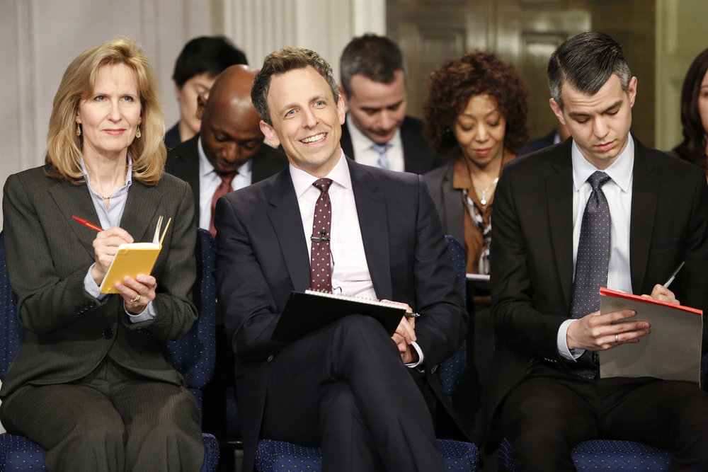 LATE NIGHT WITH SETH MEYERS -- Episode 493 -- Pictured: Host Seth Meyers during the 'Late Night White House Press Conference' sketch on February 21, 2017 -- (Photo by: Lloyd Bishop/NBC)