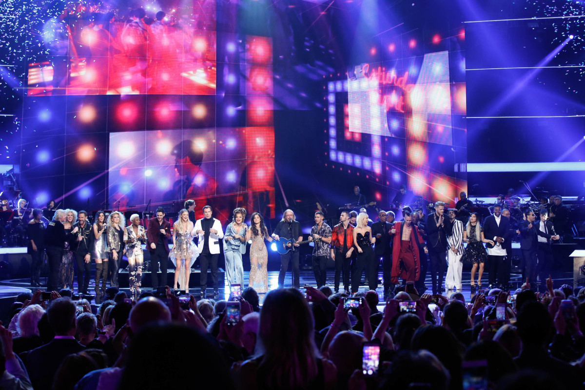 Music stars Andra Day, Celine Dion, DNCE, Nick Jonas, Tori Kelly, Little Big Town, Demi Lovato, Katharine McPhee, Panic! at the Disco, Pentatonix, Ed Sheeran, Keith Urban, Kelsea Ballerini & Thomas Rhett, Jason Derulo & Tavares, John Legend & Stevie Wonder and Barry Gibb celebrate the Bee Gees' remarkable music catalog on, "STAYIN' ALIVE: A GRAMMY® SALUTE TO THE MUSIC OF THE BEE GEES," Sunday, April, 16 (8:00-10:00 PM, ET/ PT) on the CBS Television Network. Pictured: Pentatoni, Tori Kelly, Cynthia Erivo, Thomas Rhett, Kelsea Ballerini, John Travolta, Andra Day, Demi Lovato, Barry Gibb, Nick Jonas, DNCE, and Panic! at the Disco Photo: Monty Brinton/CBS ©2017 CBS Broadcasting, Inc. All Rights Reserved