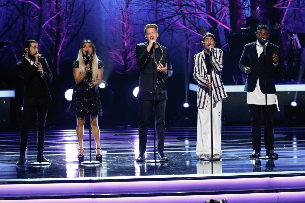 Music stars Andra Day, Celine Dion, DNCE, Nick Jonas, Tori Kelly, Little Big Town, Demi Lovato, Katharine McPhee, Panic! at the Disco, Pentatonix, Ed Sheeran, Keith Urban, Kelsea Ballerini & Thomas Rhett, Jason Derulo & Tavares, John Legend & Stevie Wonder and Barry Gibb celebrate the Bee Gees' remarkable music catalog on, "STAYIN' ALIVE: A GRAMMY® SALUTE TO THE MUSIC OF THE BEE GEES," Sunday, April, 16 (8:00-10:00 PM, ET/ PT) on the CBS Television Network. Pictured: Pentatonix Photo: Monty Brinton/CBS ©2017 CBS Broadcasting, Inc. All Rights Reserved