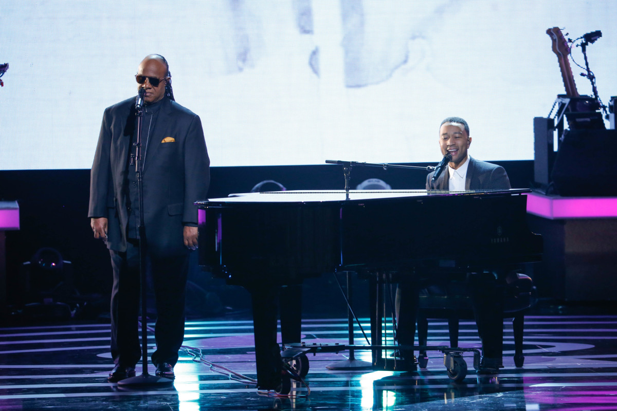 Music stars Andra Day, Celine Dion, DNCE, Nick Jonas, Tori Kelly, Little Big Town, Demi Lovato, Katharine McPhee, Panic! at the Disco, Pentatonix, Ed Sheeran, Keith Urban, Kelsea Ballerini & Thomas Rhett, Jason Derulo & Tavares, John Legend & Stevie Wonder and Barry Gibb celebrate the Bee Gees' remarkable music catalog on, "STAYIN' ALIVE: A GRAMMY® SALUTE TO THE MUSIC OF THE BEE GEES," Sunday, April, 16 (8:00-10:00 PM, ET/ PT) on the CBS Television Network. Pictured L-R: Stevie Wonder and John Legend Photo: Monty Brinton/CBS ©2017 CBS Broadcasting, Inc. All Rights Reserved