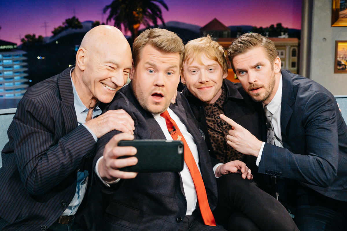 Patrick Stewart, Rupert Grint, and Dan Stevens chat with James Corden during "The Late Late Show with James Corden," Monday, March 6, 2017 (12:35 PM-1:37 AM ET/PT) On The CBS Television Network. Photo: Terence Patrick/CBS ©2017 CBS Broadcasting, Inc. All Rights Reserved