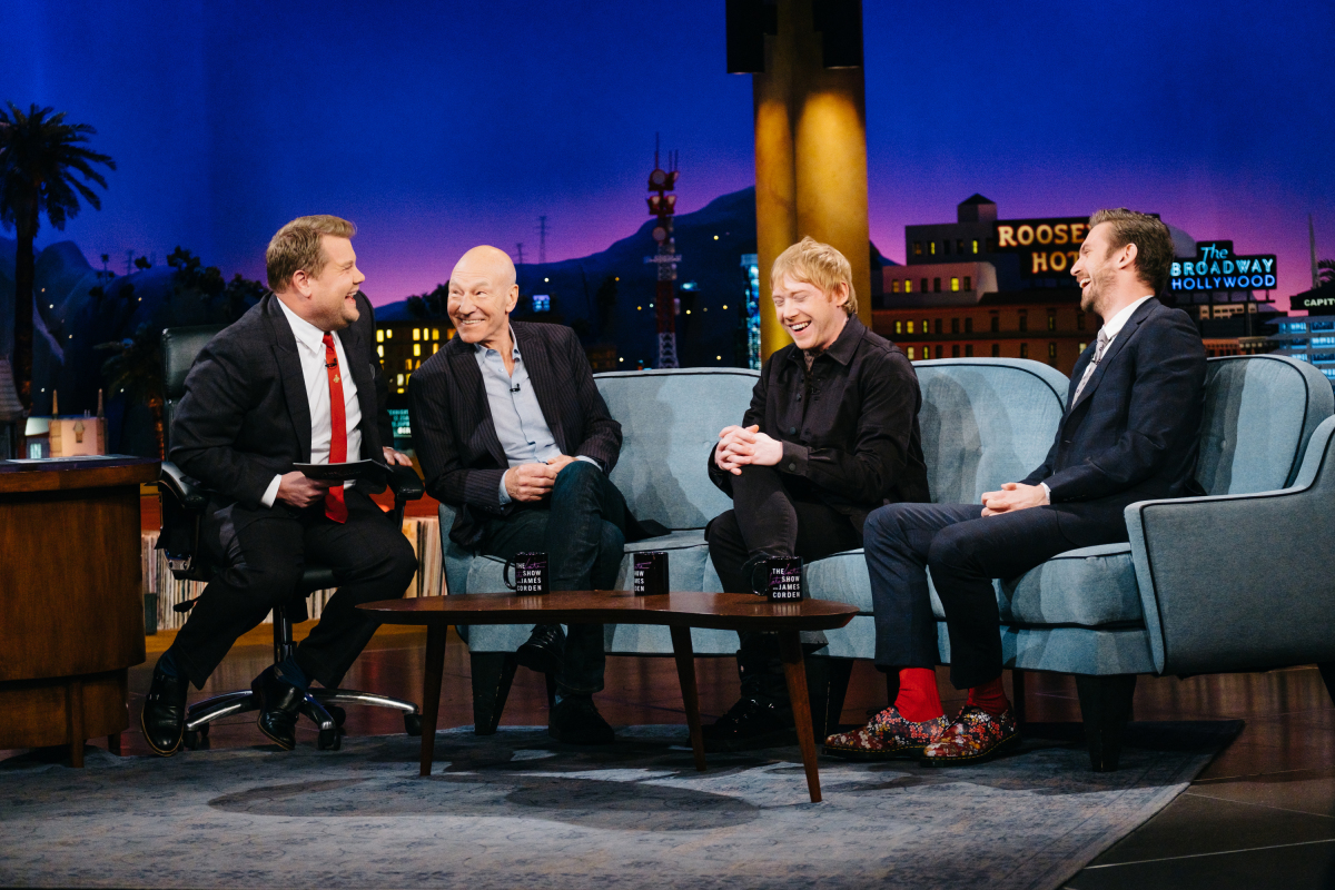 Patrick Stewart, Rupert Grint, and Dan Stevens chat with James Corden during "The Late Late Show with James Corden," Monday, March 6, 2017 (12:35 PM-1:37 AM ET/PT) On The CBS Television Network. Photo: Terence Patrick/CBS ©2017 CBS Broadcasting, Inc. All Rights Reserved